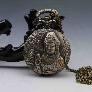 Oriental Vintage Collectible Handwork The Goddess Of Mercy Brass Pocket Watch photo