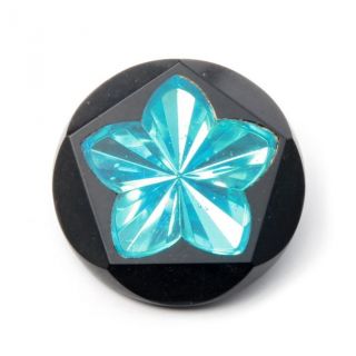 (1) 33mm Czech Antique Inlaid Silver Mirrored Blue Star Black Art Glass Button photo