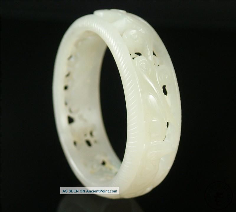 Antique Old Chinese Nephrite White Jade Bracelet Bangle Flower Carve Open Relief Bracelets photo