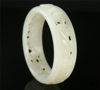 Antique Old Chinese Nephrite White Jade Bracelet Bangle Flower Carve Open Relief photo