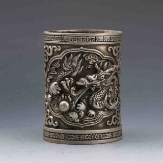 Chinese Tibeten Silver Hand - Carved Dragon Brush Pot W Xuande Mark G649 photo