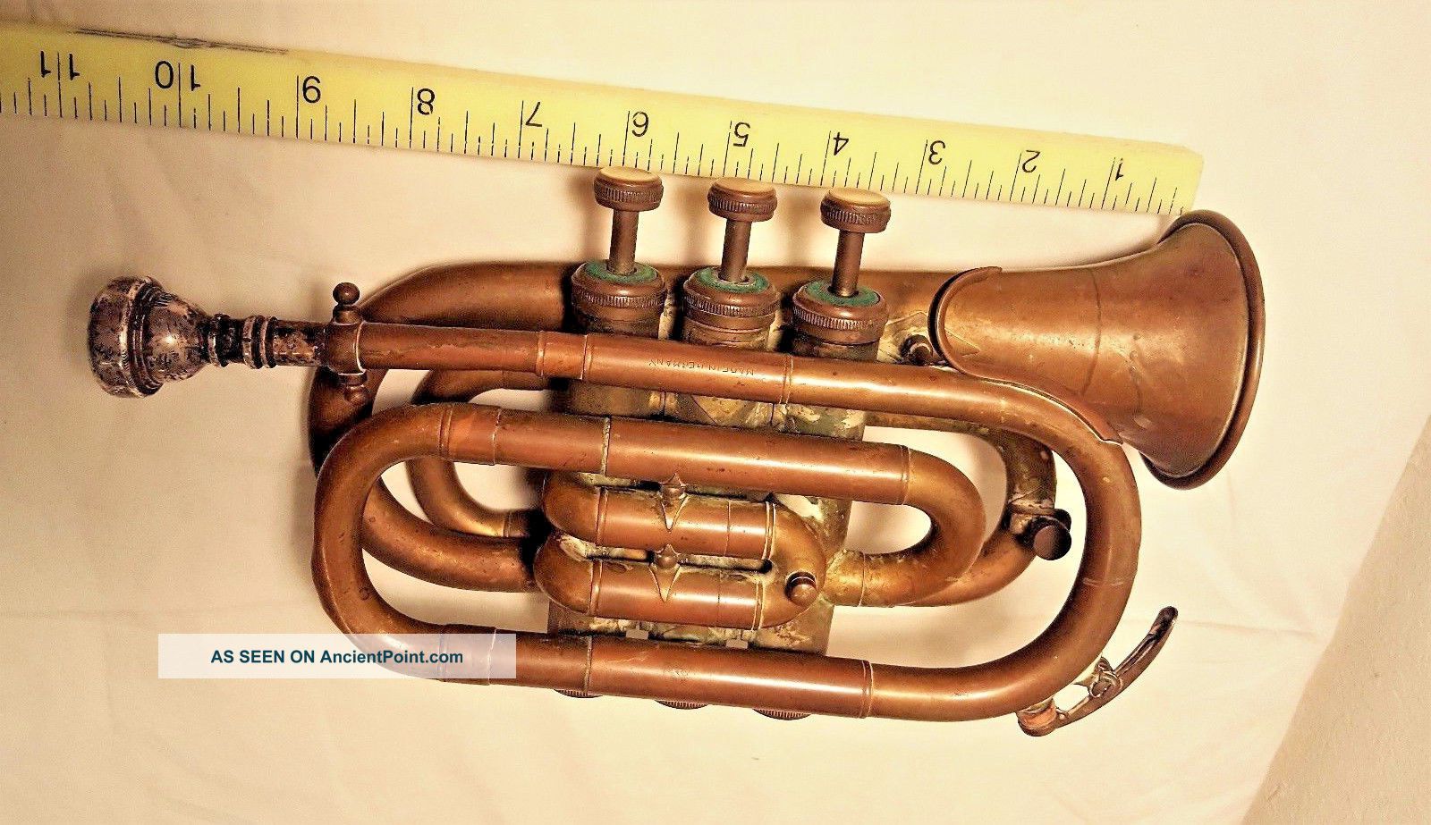 Old 3 Valve Vintage Germany Pocket Or Piccilo Trumpet W Mouthpiece Possibly Htf Brass photo
