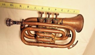 Old 3 Valve Vintage Germany Pocket Or Piccilo Trumpet W Mouthpiece Possibly Htf photo