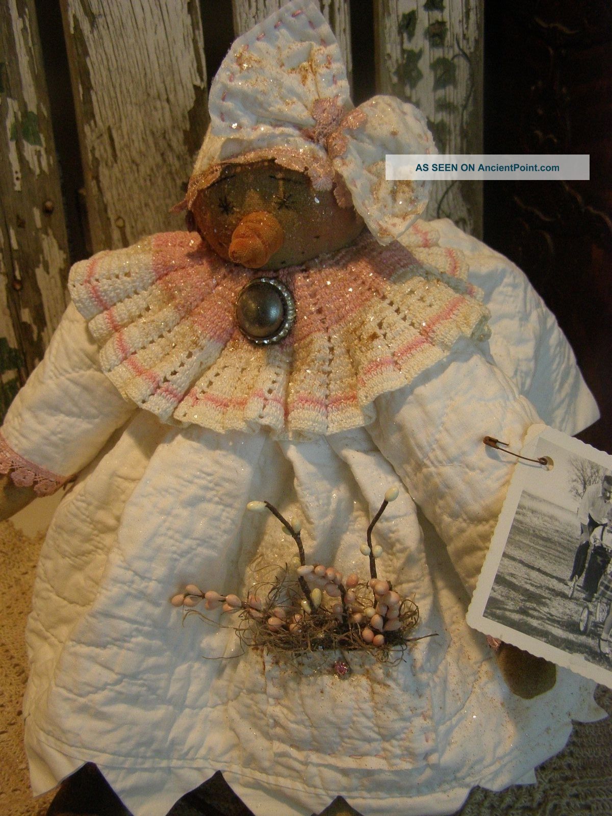Primitive Snowman Easter Doll Quilt,  Old Rhinestone Button,  Folk Art Snow Doll Primitives photo