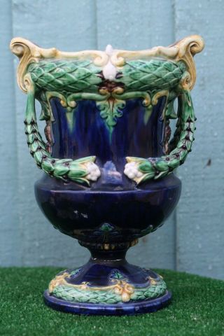 19thc Large Majolica Vase With Intricate Flowers & Leaf Decoration C1880s photo