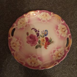 Antique Art Deco Pink Lusterware Flower Serving Plate With Enclosed Handles photo