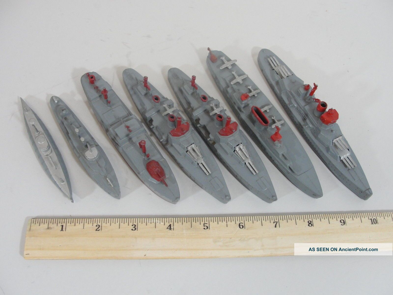 7 Antique Wwii Navy,  Tootsie Toy Ship Models,  Battleship Submarine,  Cruiser, Model Ships photo
