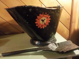 Antique Coal Scuttle Hod Bucket Primitive Vintage Metal Ash With Shovel photo