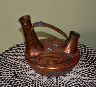 Unique Decorative Jug Pitcher Pot Copper W/turquoise & Lapis By T Crisol Chile photo