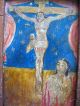Antique Retablo On Wood Image Of Christ On The Cross And Lonely Soul Latin American photo 1