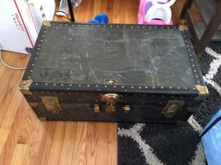 Overland Vintage Antique Old Chest Trunk Metal Straps,  Locks,  Corners photo