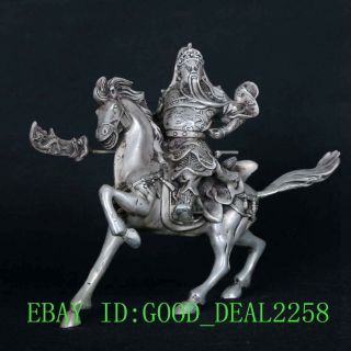 Tibetan Silver Copper Hand - Carved Hero Guangong Horse Riding Statue Csy690 photo