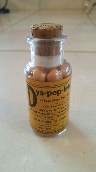 Antique Hood ' S Dys - Pep - Lets Full Cork Medicine Bottle W/ Paper War Price Label photo