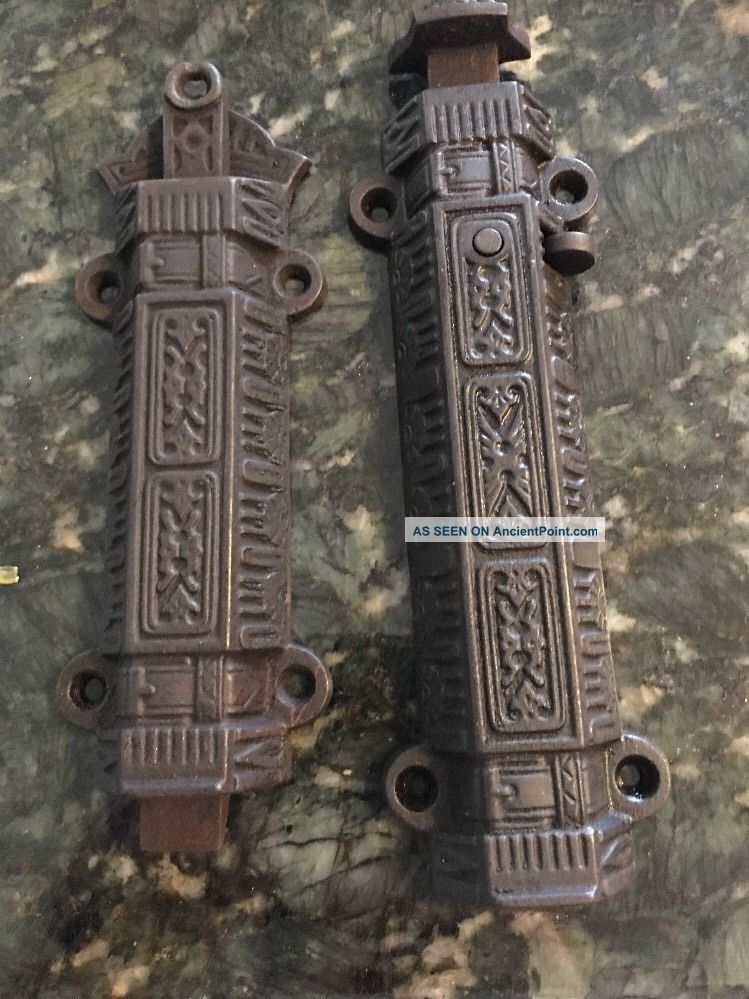 2 Antique Cast Iron Latch Slide Bolt Lock Barn Shutters Spring Loaded Primitive Other Antique Hardware photo