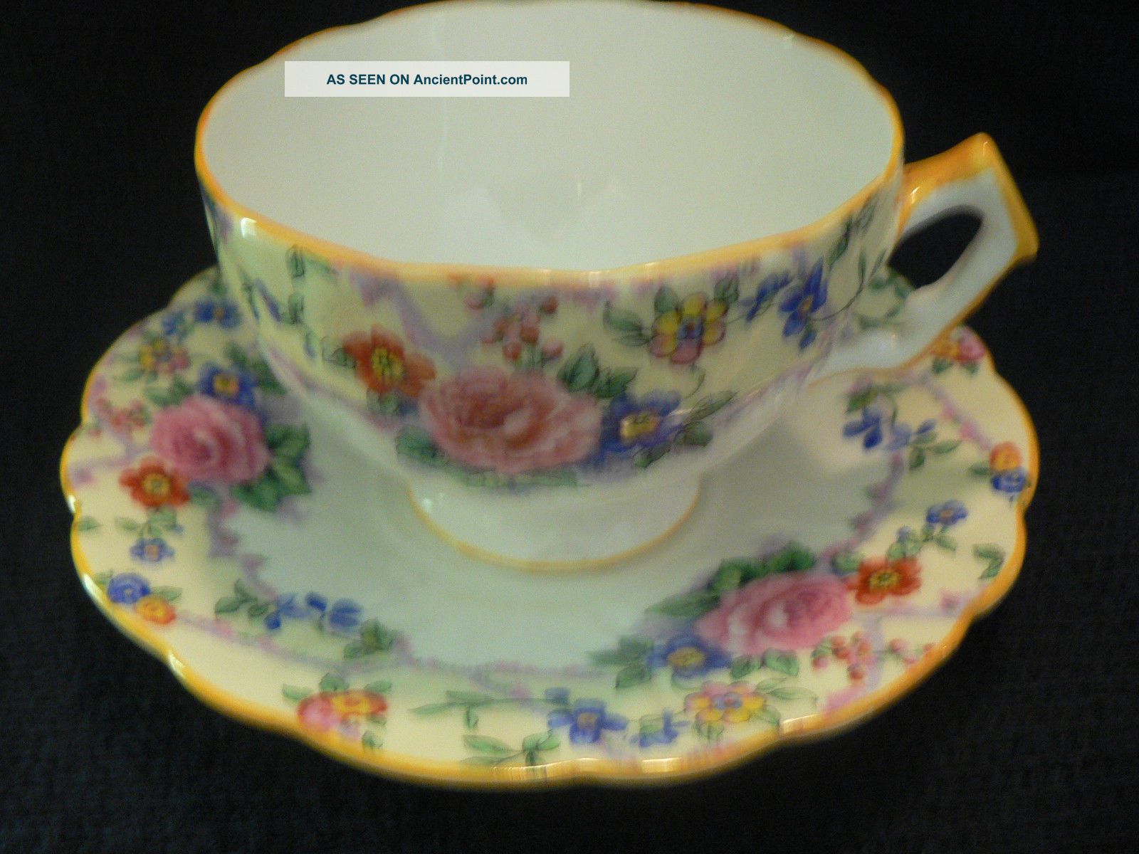 Aynsley Tea Cup And Saucer Golden Yellow Trim Flowing Flowers On White Cups & Saucers photo