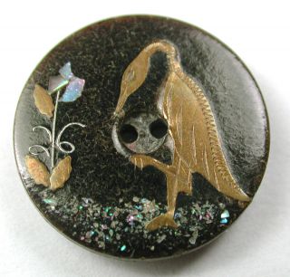 Antique Composition Button W/ Brass & Shell Crane & Flower Inlay - 11/16 