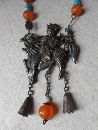 Chinese Repousse Silver Qilin Immortal Carnelian Enamel Turquoise Bead Necklace photo