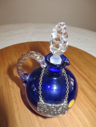 Vintage Murano Cobalt Blue Glass Perfume Oil Bottle Cruet Pewter Olio Oil Label photo