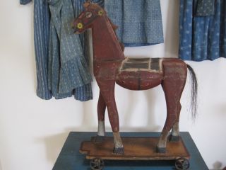 Circa 1865 Pennsylvania Primitive Paint Pull Toy Horse Untouched Aafa photo