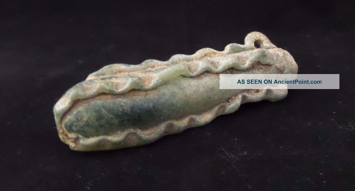 Great Unusual Ancient Roman Glass Flask Pendant - Light Green,  Authentic,  300 Ad Roman photo