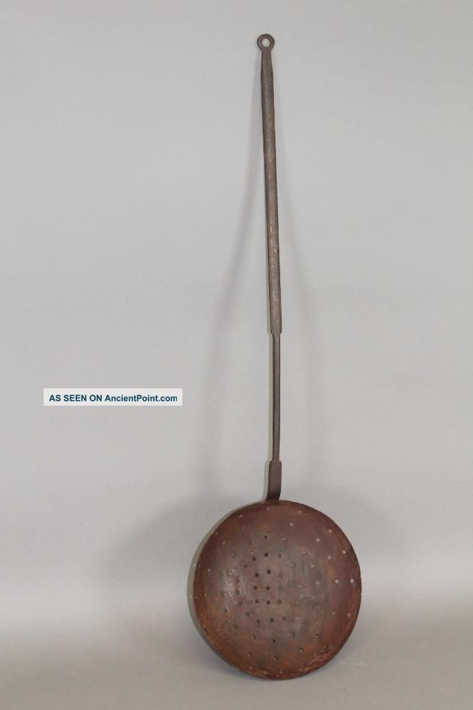 Rare 18th C Large Pan Wrought Iron Strainer In Its Surface And Patina Primitives photo