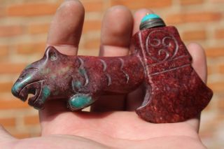 H544 Chinese Masters Hand - Carved Ax Shape Old Jade Snuff Bottle,  Copper Spoon photo