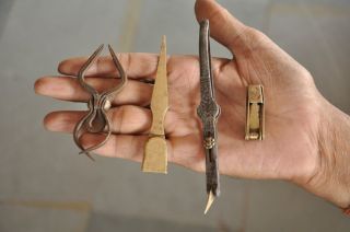4 Pc 1930 ' S Old Brass & Iron Engraved Unique Handcrafted Tweezers / Tongs photo