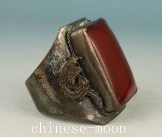 Chinese Old Jade Armored Copper Dragon Phoenix Statue Ring Ornament photo