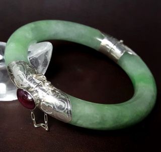 Big Fine Jade Jadeite Bracelet Bangle Vintage Green/red Ruby/sterling Silver 925 photo