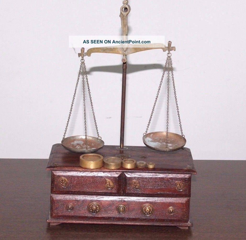 1900s Antique Goldsmith Jewelry Weight Balance Brass Scale With Wooden Box 507 Scales photo