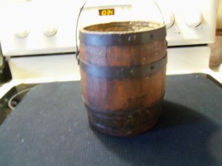 Antique Primitive Oak Wood Metal Iron Banded Bucket Pail With Handle photo