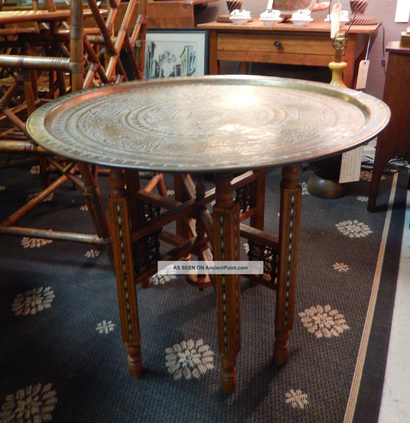 Vintage Moroccan Arabesque Indian Etched Brass Tray Table Intricate Inlaid Base Post-1950 photo
