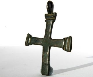 Ancient Medieval Period Bronze Pilgrim Cross Pendant 1200 - 1400 Ad photo
