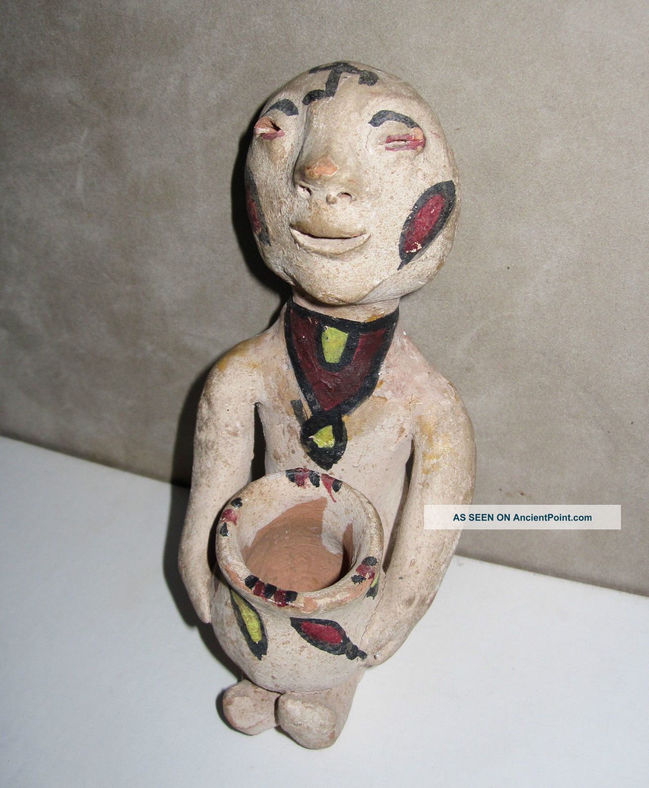 Antique Tesuque Pueblo Indian Rain God Pottery Effigy With Whirling Log On Head Native American photo