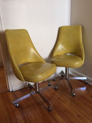 Vintage Mid Century Modern Yellow Tulip Swivel Chairs - 2 Chairs photo