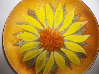 Vintage Mid Century Modern Copper Enamel Plate Pin Tray Yellow Sunflower 6 