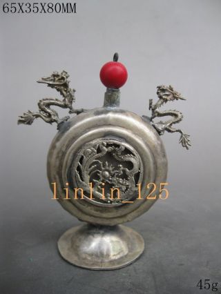 Chinese Old Decorated Rare Miao Silver Carve Dragon Phoenix Snuff Bottle photo