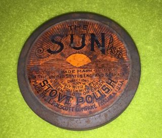 Vintage The Sun Paste Stove Polish No 5 Tin Jl Prescott Co Passaic Nj photo