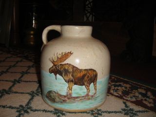 Vintage Stoneware Pottery Whiskey Jug W/painted Elk Picture - Signed - Jug W/handle photo