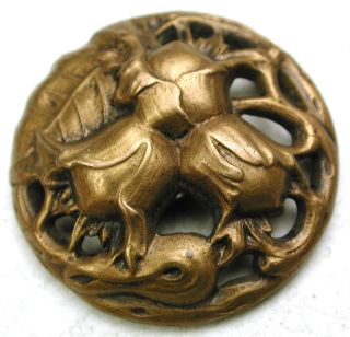 Antique Pierced Brass Button Detailed Image Of 3 Hazel Nuts - 7/8 