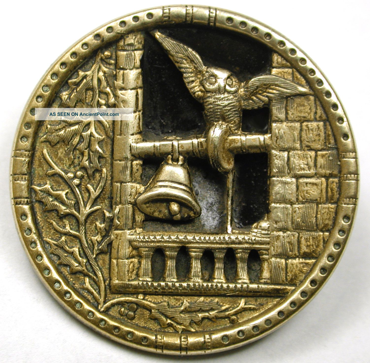 Antique Brass Button Detailed Owl In A Bell Tower Design - 1 & 3/16 