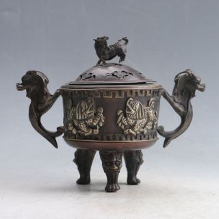 Chinese Bronze Handwork Incense Burner & Unicorn Lid W Qianlong Mark Py0135 photo