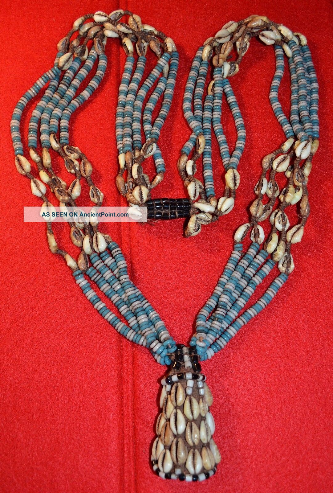 Rare Antique Kuba Tribal Necklace Woven Pendant Glass Beads Cowrie Shells,  Congo Jewelry photo
