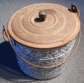Antique Graniteware Butter Bucket Lidded Bail Blue Enamelware England Estate photo