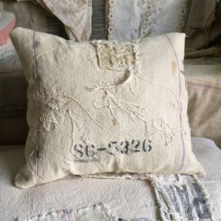 Primitive Vintage Grain Sack Throw Pillow Patchy Worn Grungy Farmhouse Decor photo
