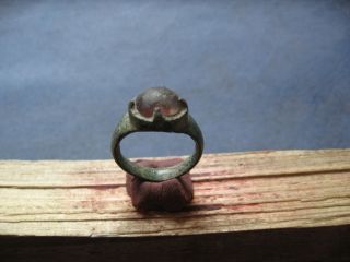 Ancient Celtic Bronze Finger Ring With Pink Glass Stone 200 - 50 Bc. photo