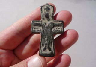 Late Roman - Byzantine Bronze Reliquary Cross,  Displayed Jesus Christ photo