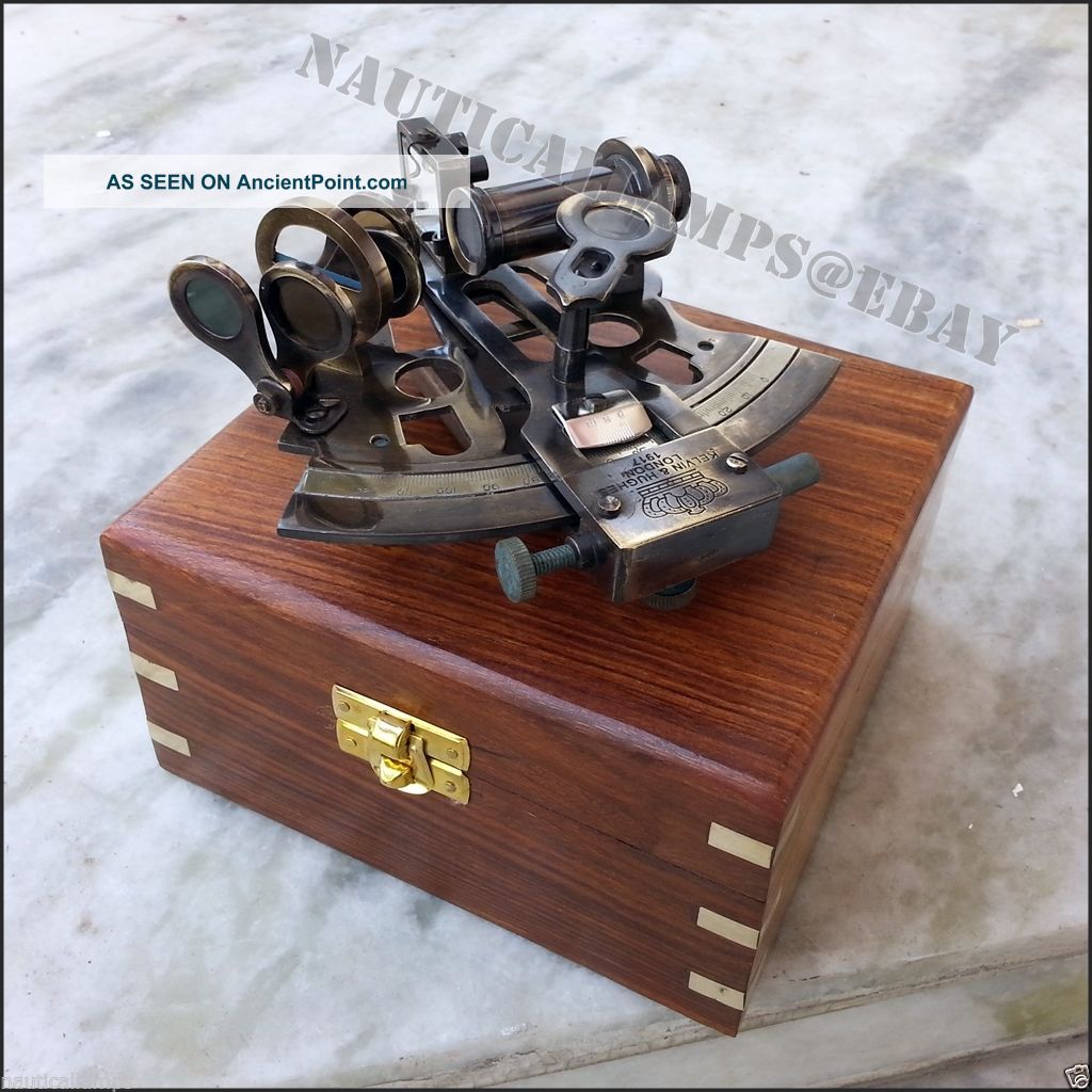 Brass Collectible Antique Maritime Sextant Astrolabe W Wooden Box Navigational Sextants photo