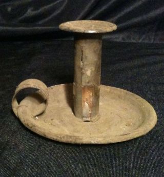Antique Primitive Tin Candle Holder Chamberstick W/handle photo