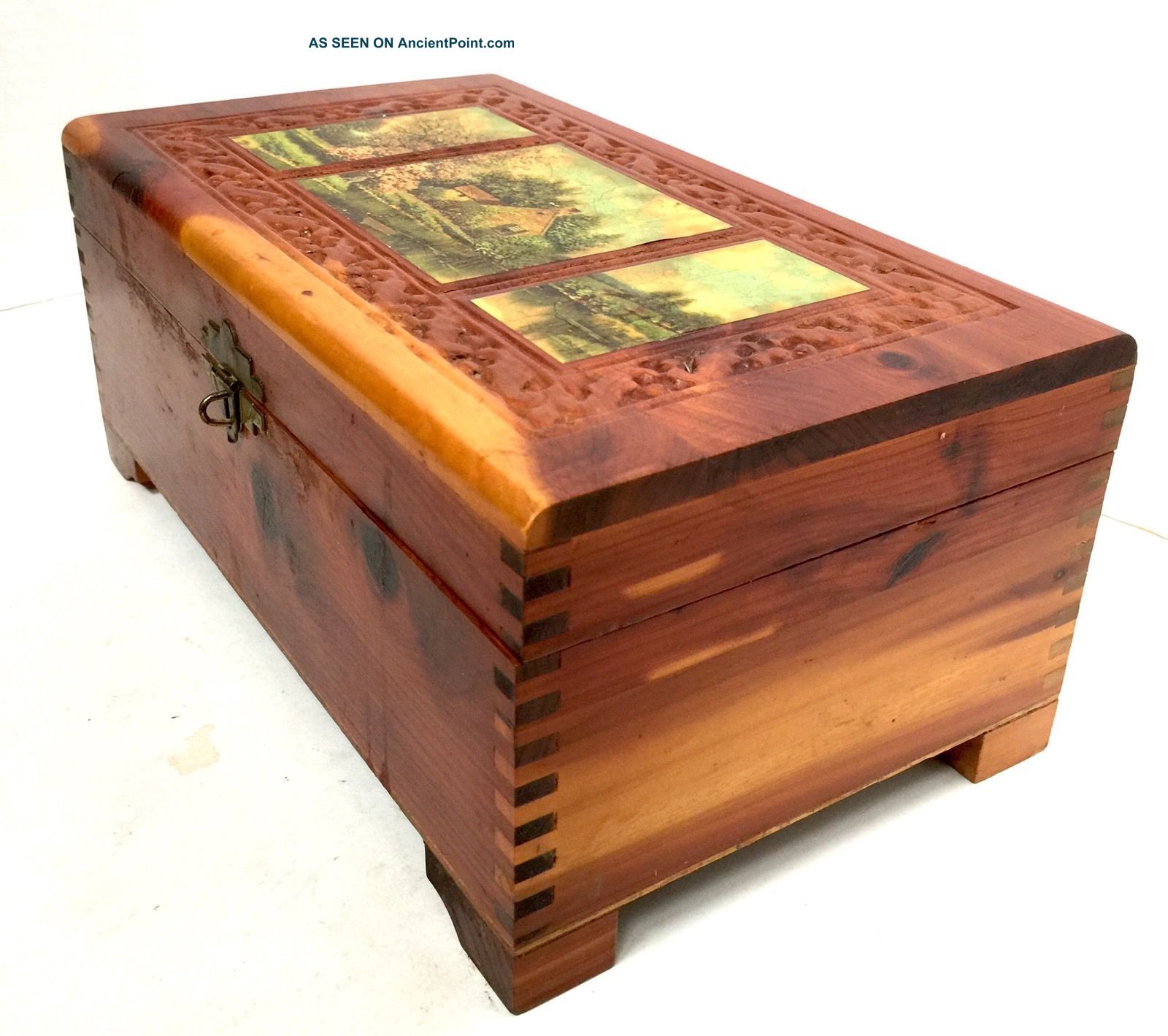 Wooden Jewelry Box Trinket Carved Cedar Mirror Scenes Footed Repaired Boxes photo